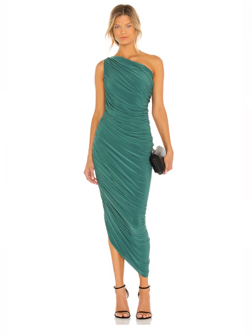 One-Shoulder Teal Ruched Midi Dress